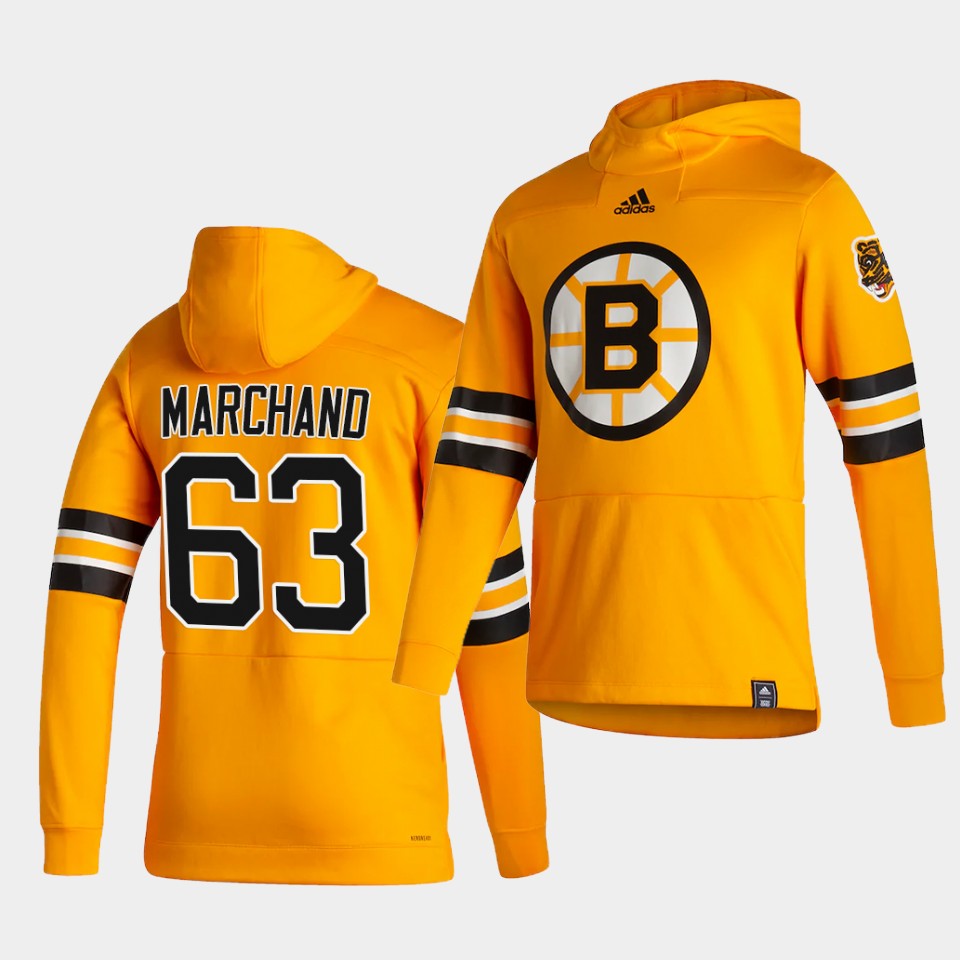 Men Boston Bruins #63 Marchand Yellow NHL 2021 Adidas Pullover Hoodie Jersey